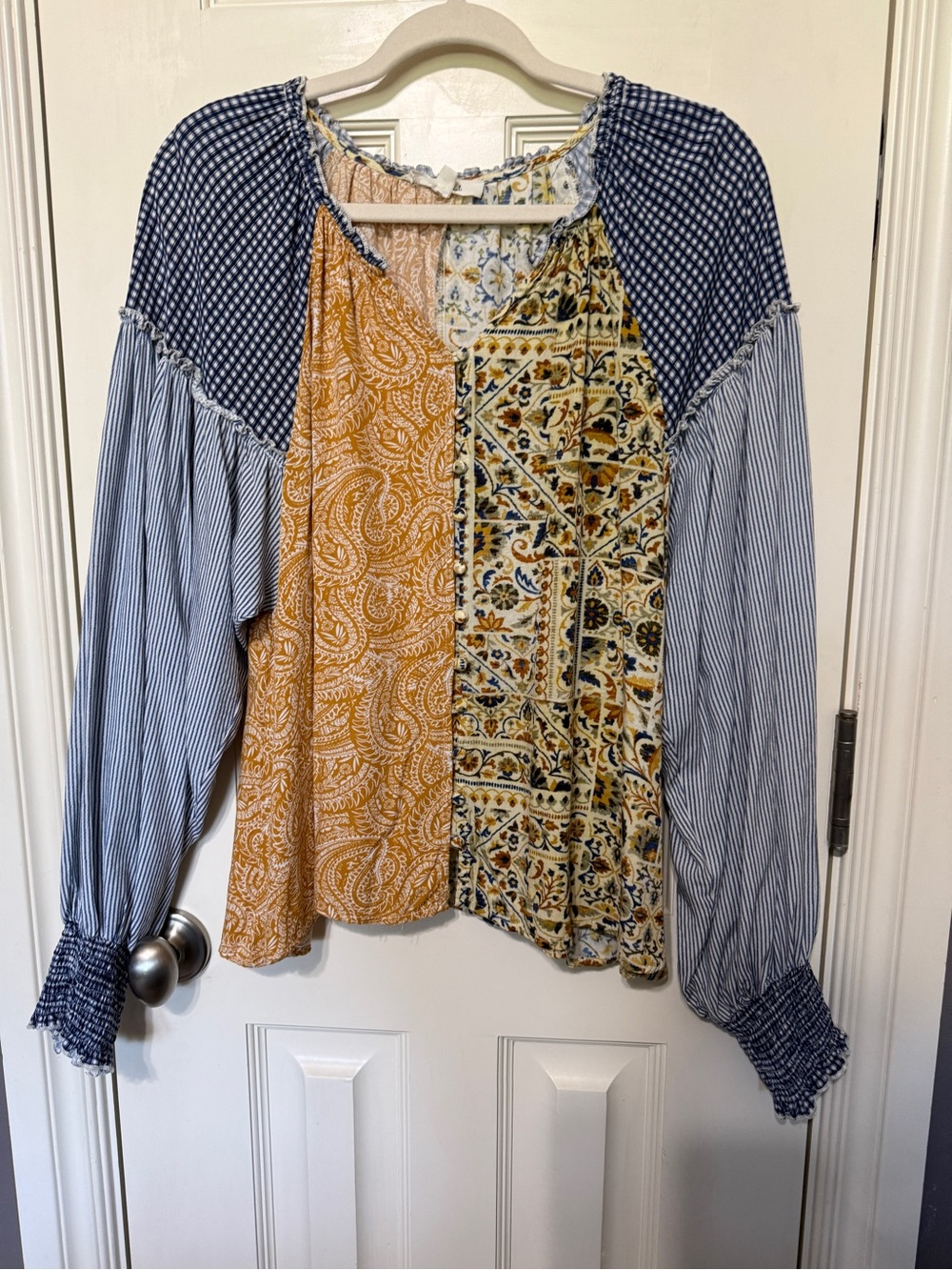 Oli & Hali Multi-Pattern Patchwork Blouse in Blue and Mustard